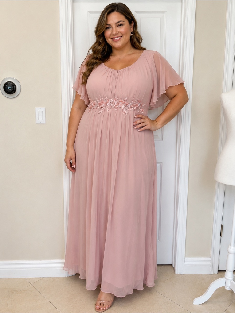 New Blush Pink Chiffon Maxi Dress Plus Size Flutter Sleeve Formal Gown